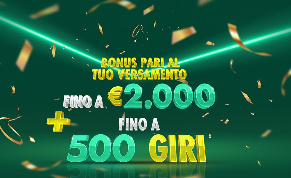 Richiedi un bonus del 100% fino a €2.000 e ricevi fino a 500 giri